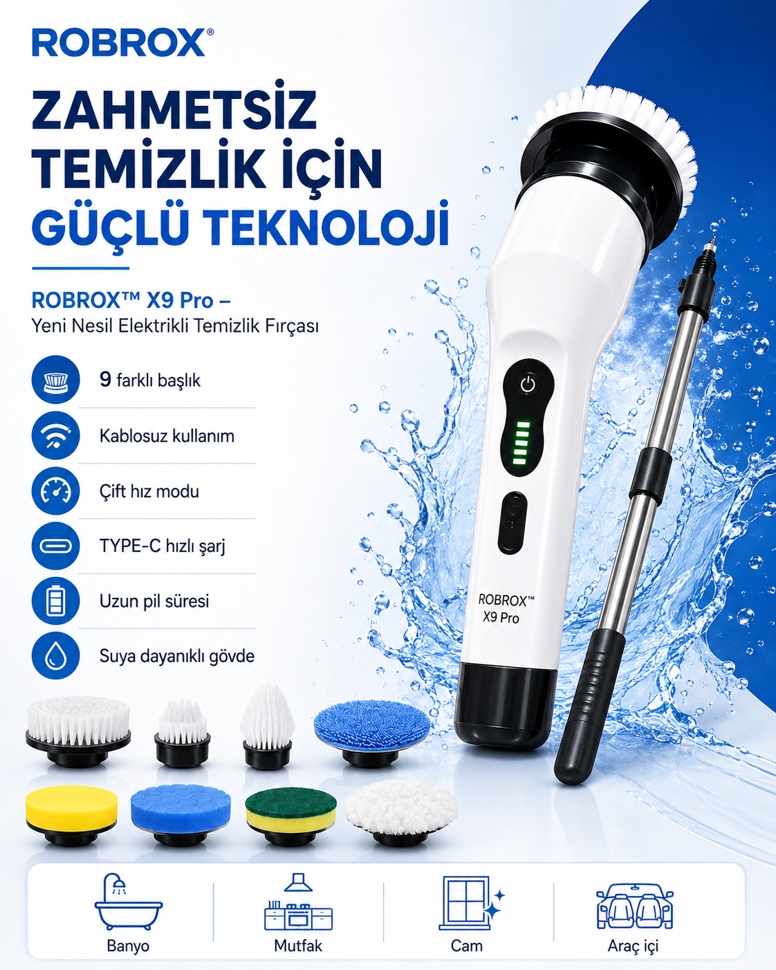 ROBROX™ X9 Pro – Yeni Nesil Elektrikli Temizlik Fırçası 9 Başlıklı