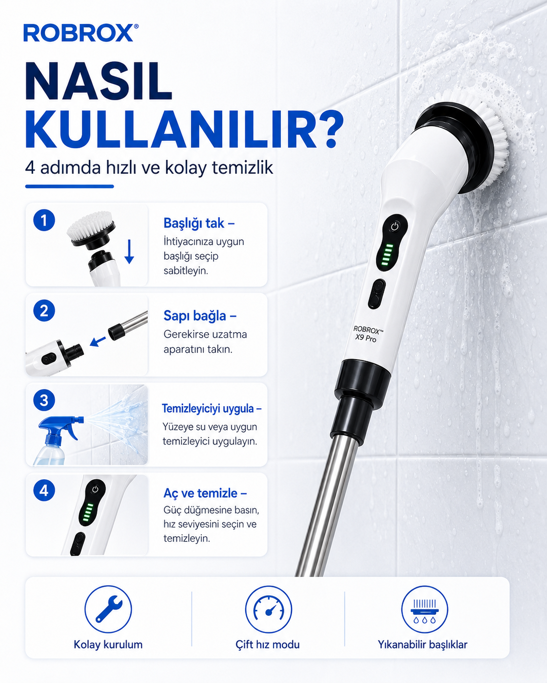ROBROX™ X9 Pro – Yeni Nesil Elektrikli Temizlik Fırçası 9 Başlıklı