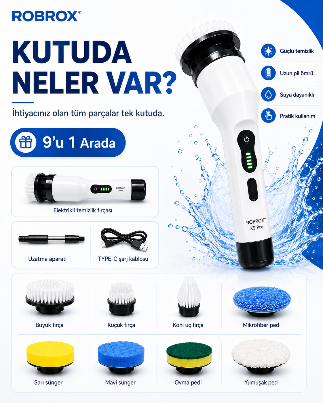 ROBROX™ X9 Pro – Yeni Nesil Elektrikli Temizlik Fırçası 9 Başlıklı