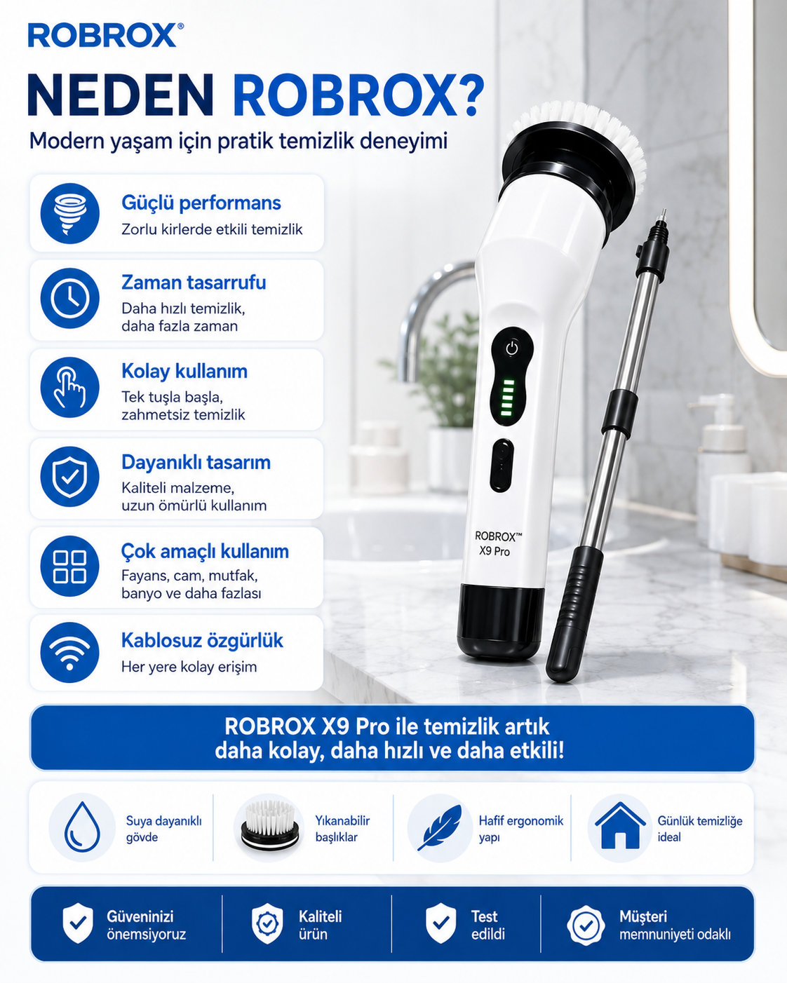 ROBROX™ X9 Pro – Yeni Nesil Elektrikli Temizlik Fırçası 9 Başlıklı