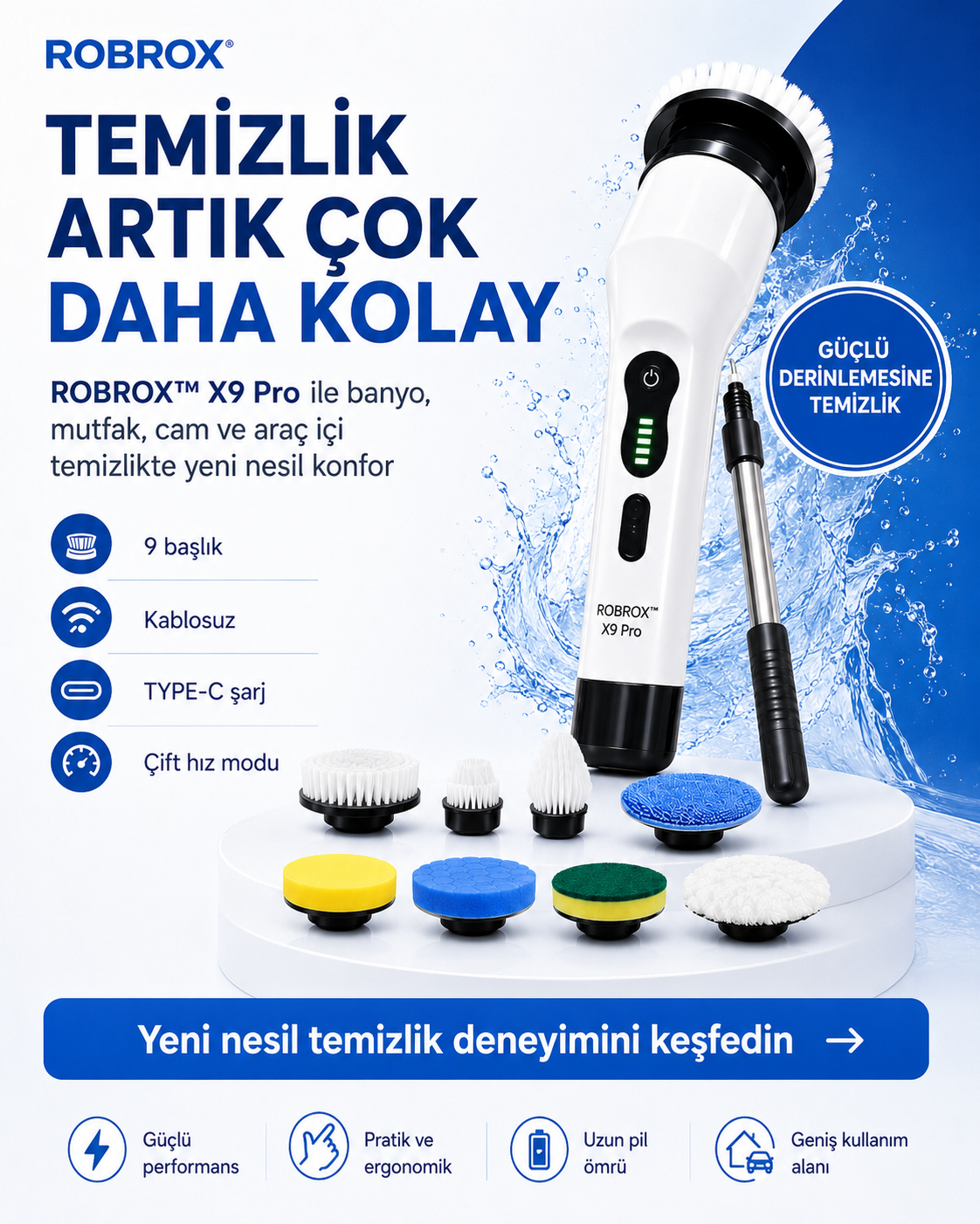 ROBROX™ X9 Pro – Yeni Nesil Elektrikli Temizlik Fırçası 9 Başlıklı